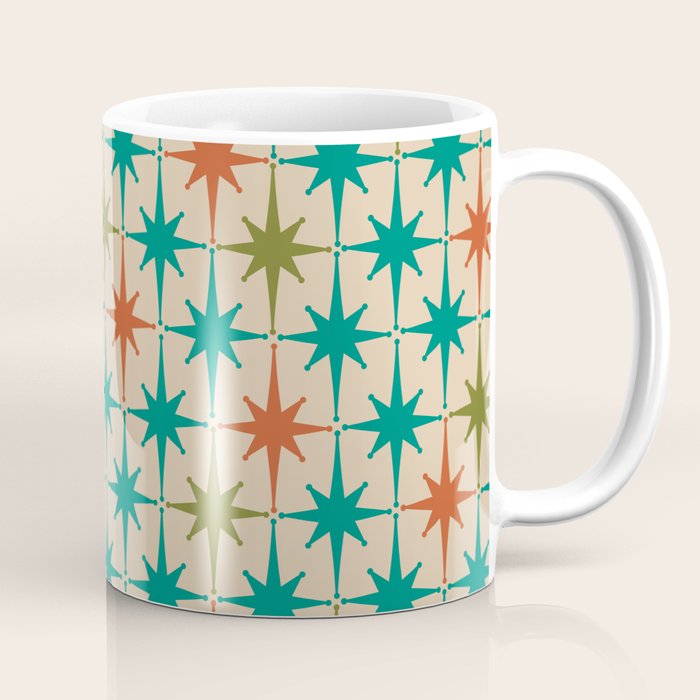 Atomic Age Retro Starburst Mid-century Modern Pattern in Mid Mod Turquoise, Orange, Olive, and Beige Coffee Mug Gallery Image 1