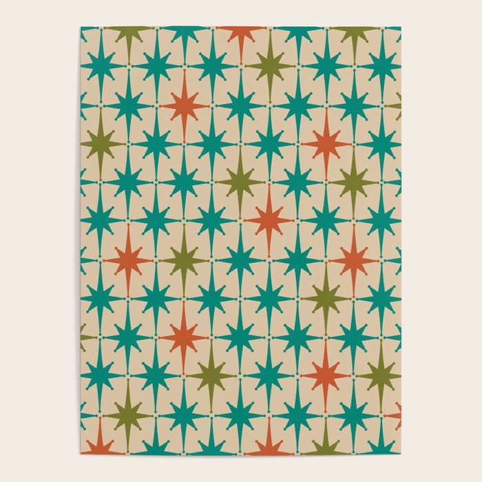 Atomic Age Retro Starburst Mid-century Modern Pattern in Mid Mod Turquoise, Orange, Olive, and Beige Poster Gallery Image 1