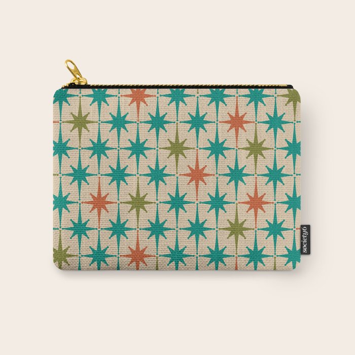 Atomic Age Retro Starburst Mid-century Modern Pattern in Mid Mod Turquoise, Orange, Olive, and Beige Carry All Pouch Gallery Image 1