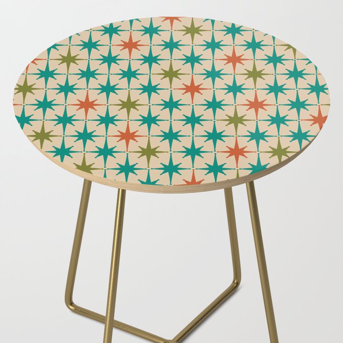 Atomic Age Retro Starburst Mid-century Modern Pattern in Mid Mod Turquoise, Orange, Olive, and Beige Side Table Gallery Image 2