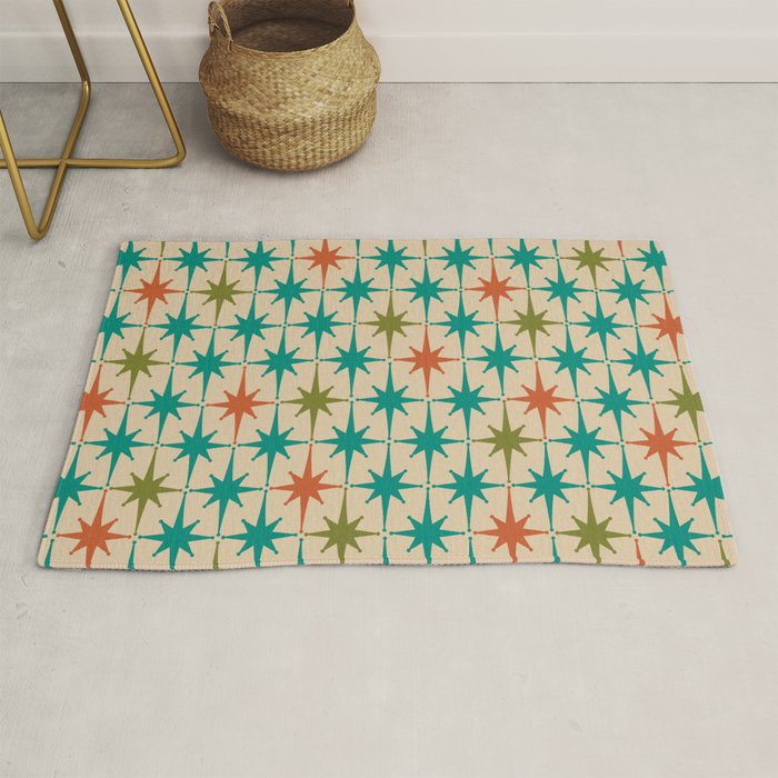 Atomic Age Retro Starburst Mid-century Modern Pattern in Mid Mod Turquoise, Orange, Olive, and Beige Rug Gallery Image 1