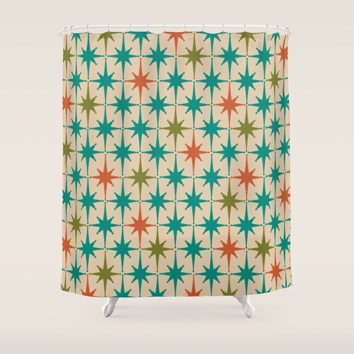 Atomic Age Retro Starburst Mid-century Modern Pattern in Mid Mod Turquoise, Orange, Olive, and Beige Shower Curtain Gallery Image 1