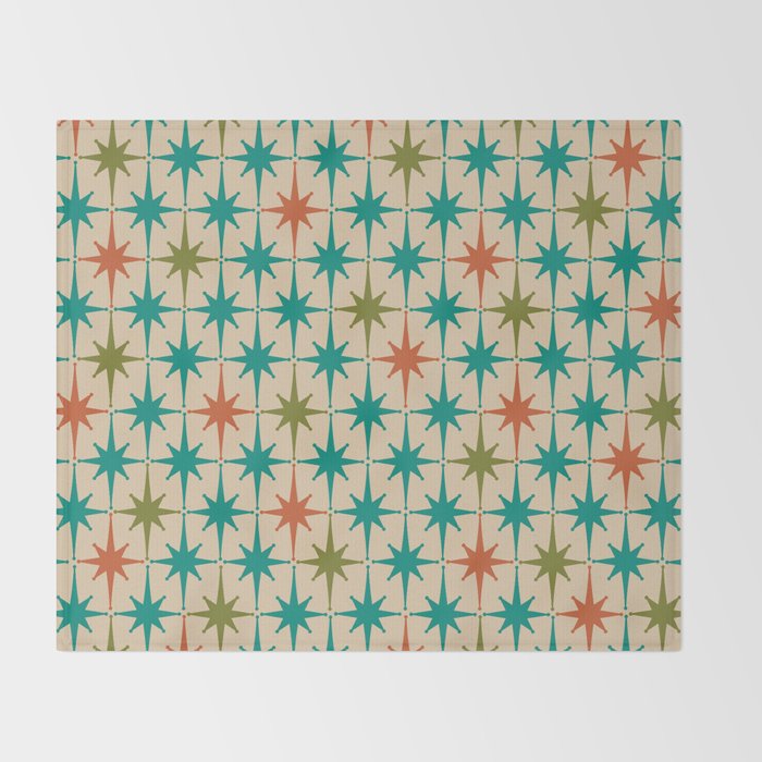 Atomic Age Retro Starburst Mid-century Modern Pattern in Mid Mod Turquoise, Orange, Olive, and Beige Throw Blanket Gallery Image 2