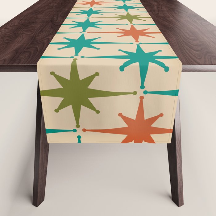 Atomic Age Retro Starburst Mid-century Modern Pattern in Mid Mod Turquoise, Orange, Olive, and Beige Table Runner Gallery Image 1