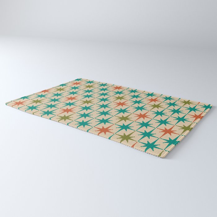 Atomic Age Retro Starburst Mid-century Modern Pattern in Mid Mod Turquoise, Orange, Olive, and Beige Rug Gallery Image 3