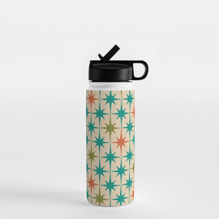 Atomic Age Retro Starburst Mid-century Modern Pattern in Mid Mod Turquoise, Orange, Olive, and Beige Water Bottle Gallery Image 1