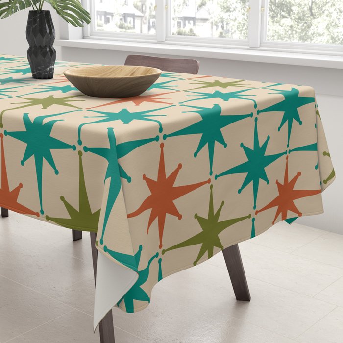 Atomic Age Retro Starburst Mid-century Modern Pattern in Mid Mod Turquoise, Orange, Olive, and Beige Tablecloth Gallery Image 3