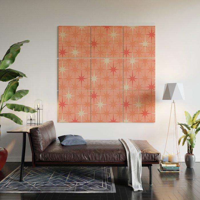 Mid Century Modern Retro Atomic Stars Pattern in Pink Peach Tones Wood Wall Art Gallery Image 2
