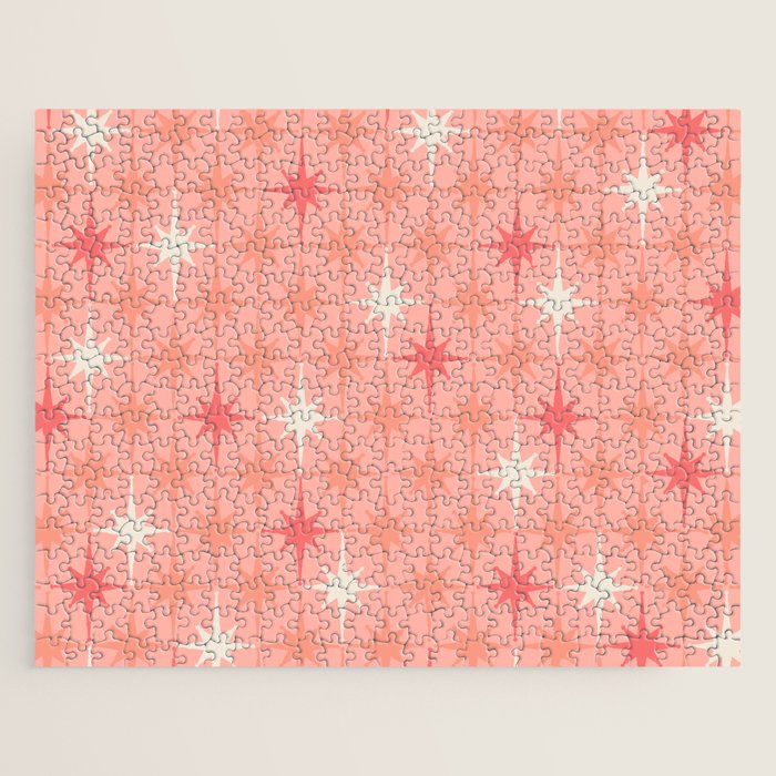 Mid Century Modern Retro Atomic Stars Pattern in Pink Peach Tones Jigsaw Puzzle Gallery Image 1