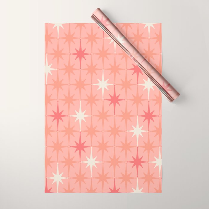 Mid Century Modern Retro Atomic Stars Pattern in Pink Peach Tones Wrapping Paper Gallery Image 1