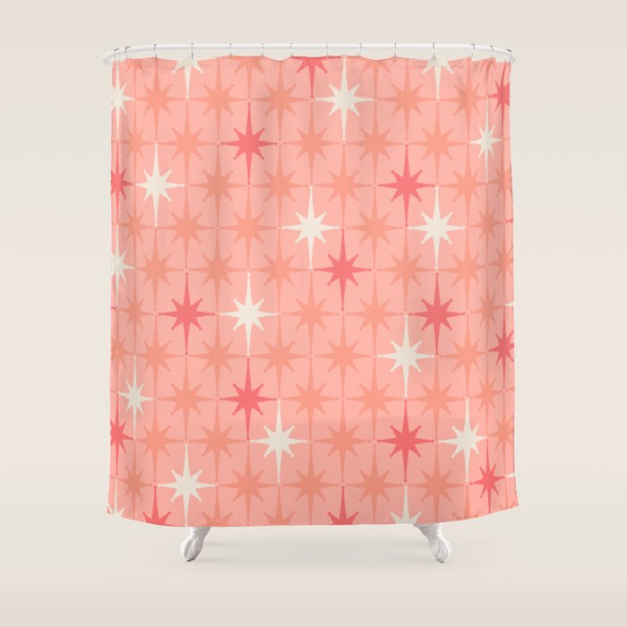 Mid Century Modern Retro Atomic Stars Pattern in Pink Peach Tones Shower Curtain Gallery Image 1