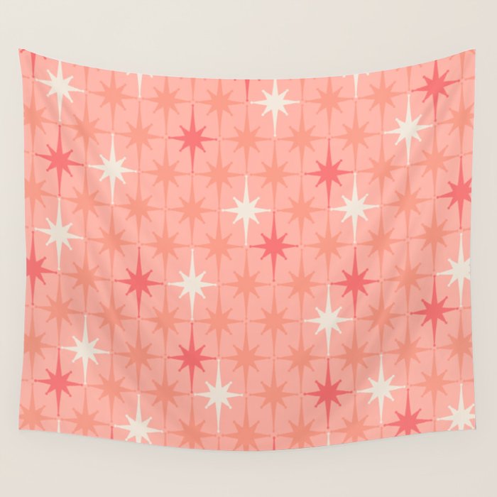 Mid Century Modern Retro Atomic Stars Pattern in Pink Peach Tones Wall Tapestry Gallery Image 4