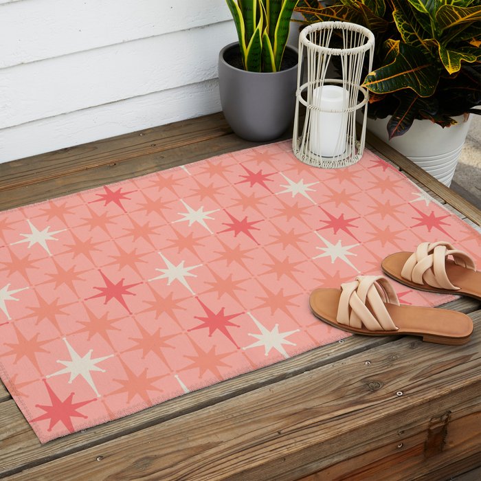 Mid Century Modern Retro Atomic Stars Pattern in Pink Peach Tones Outdoor Rug Gallery Image 2