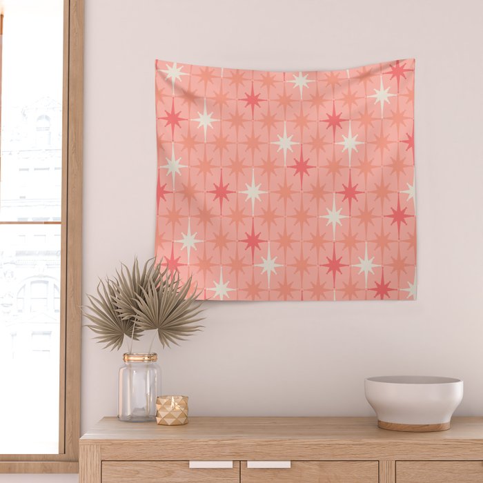 Mid Century Modern Retro Atomic Stars Pattern in Pink Peach Tones Wall Tapestry Gallery Image 2