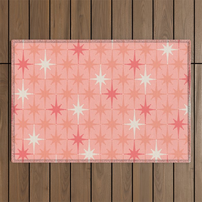 Mid Century Modern Retro Atomic Stars Pattern in Pink Peach Tones Outdoor Rug Gallery Image 1