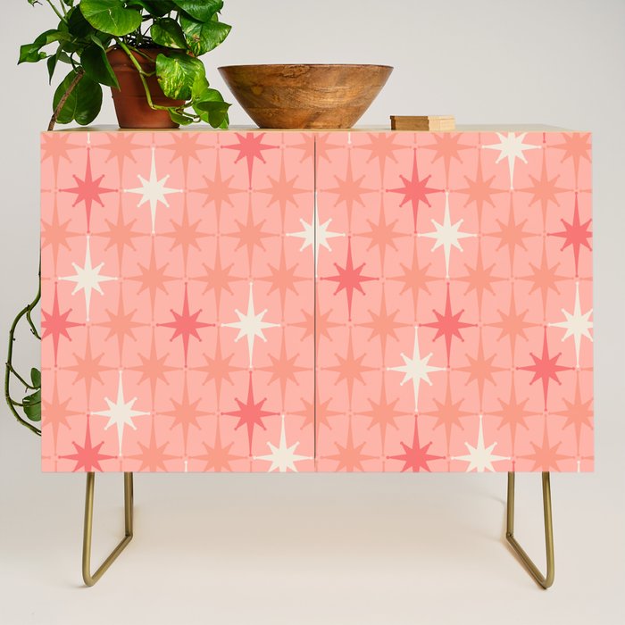 Mid Century Modern Retro Atomic Stars Pattern in Pink Peach Tones Credenza Gallery Image 1