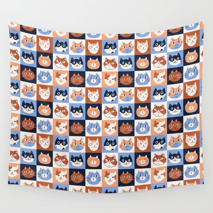 Colorful checkered cat pattern Wall Tapestry Gallery Image 1