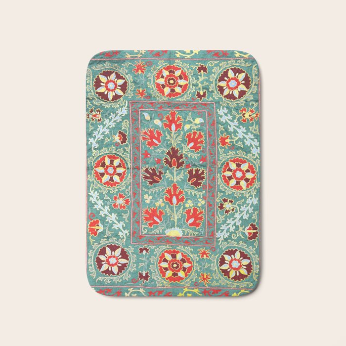 Turquoise Suzani Antique Floral Uzbek Embroidery Print Bath Mat Gallery Image 1