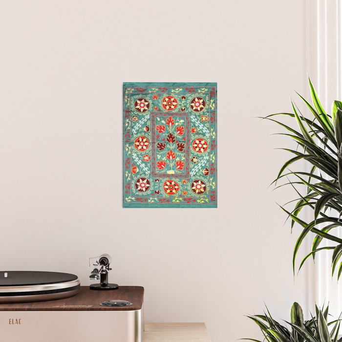 Turquoise Suzani Antique Floral Uzbek Embroidery Print Poster Gallery Image 2
