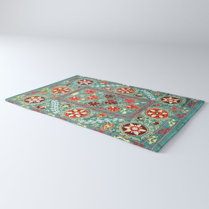 Turquoise Suzani Antique Floral Uzbek Embroidery Print Rug Gallery Image 3