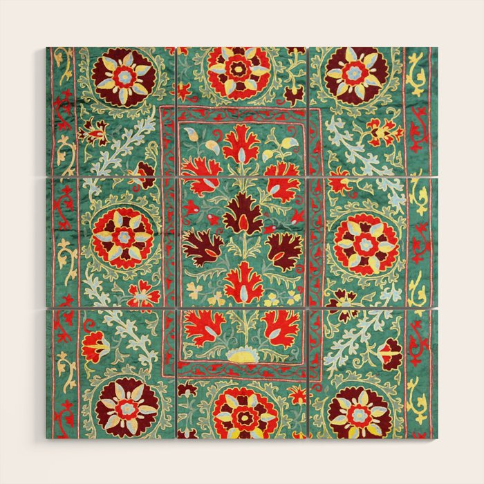 Turquoise Suzani Antique Floral Uzbek Embroidery Print Wood Wall Art Gallery Image 1