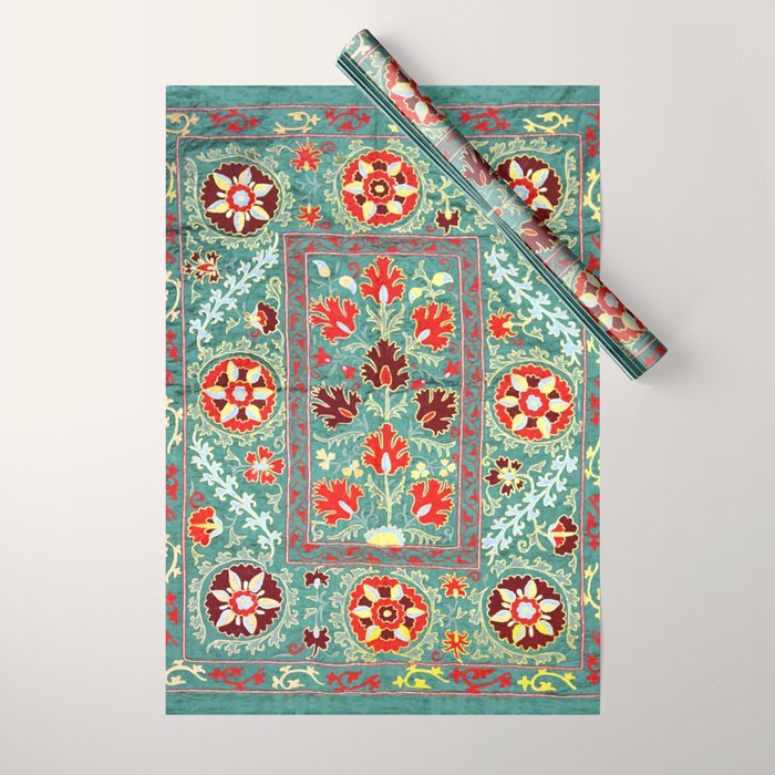 Turquoise Suzani Antique Floral Uzbek Embroidery Print Wrapping Paper Gallery Image 1
