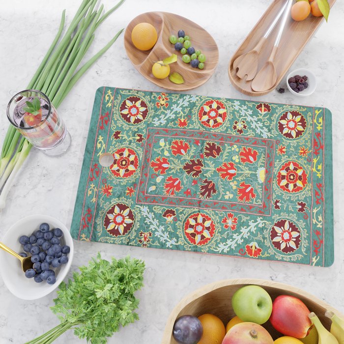 Turquoise Suzani Antique Floral Uzbek Embroidery Print Cutting Board Gallery Image 2