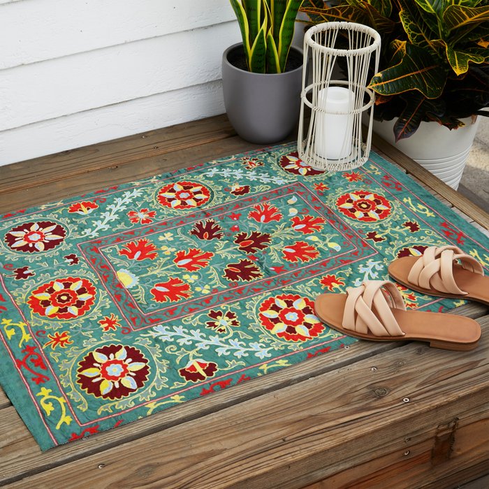 Turquoise Suzani Antique Floral Uzbek Embroidery Print Outdoor Rug Gallery Image 2