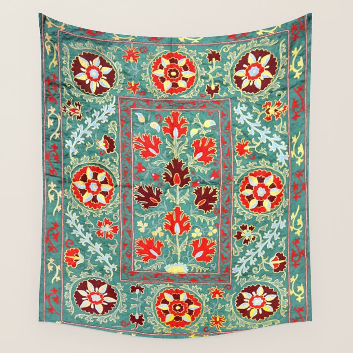 Turquoise Suzani Antique Floral Uzbek Embroidery Print Wall Tapestry Gallery Image 1
