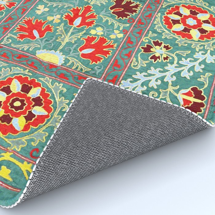 Turquoise Suzani Antique Floral Uzbek Embroidery Print Rug Gallery Image 4