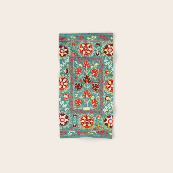 Turquoise Suzani Antique Floral Uzbek Embroidery Print Bath Towel Gallery Image 1