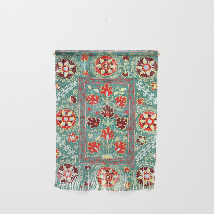 Turquoise Suzani Antique Floral Uzbek Embroidery Print Wall Hanging Gallery Image 1