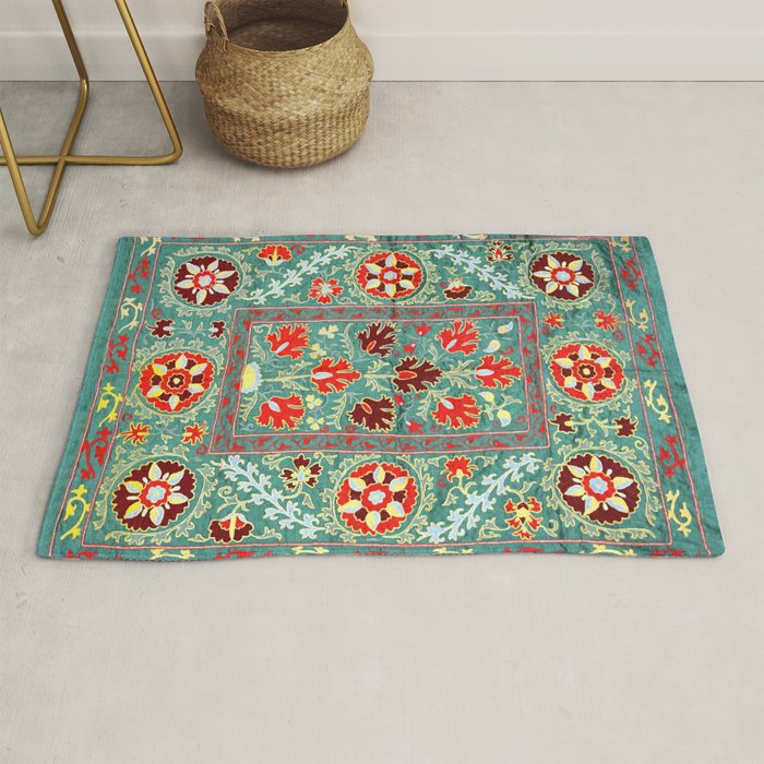 Turquoise Suzani Antique Floral Uzbek Embroidery Print Rug Gallery Image 1