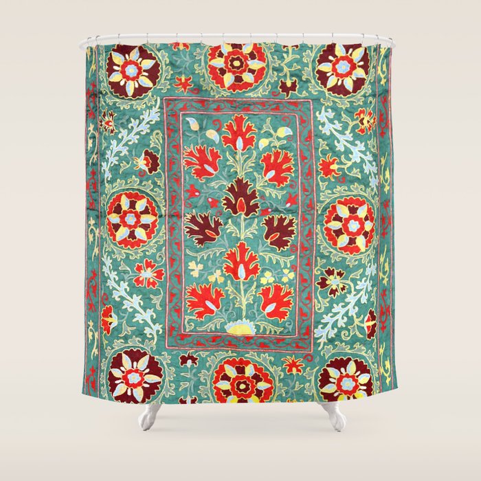 Turquoise Suzani Antique Floral Uzbek Embroidery Print Shower Curtain Gallery Image 1