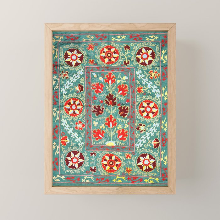 Turquoise Suzani Antique Floral Uzbek Embroidery Print Mini Art Print Gallery Image 1