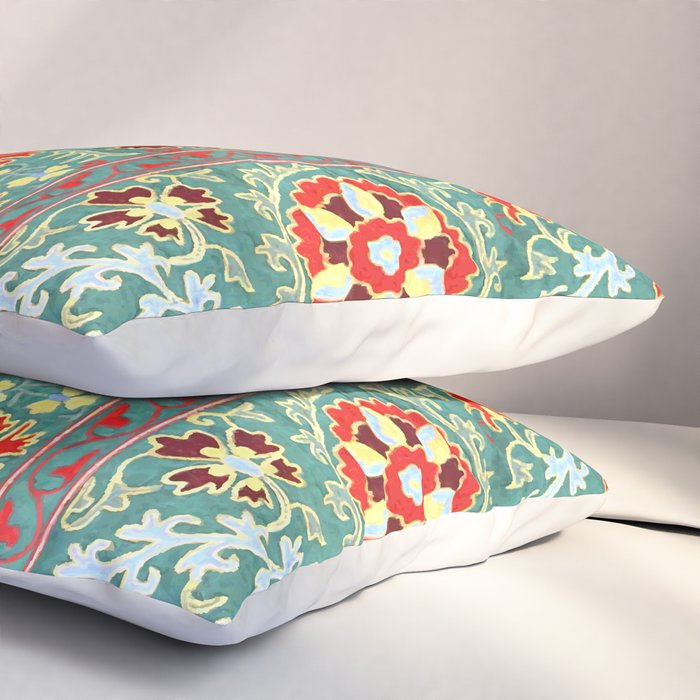 Turquoise Suzani Antique Floral Uzbek Embroidery Print Pillow Sham Gallery Image 3