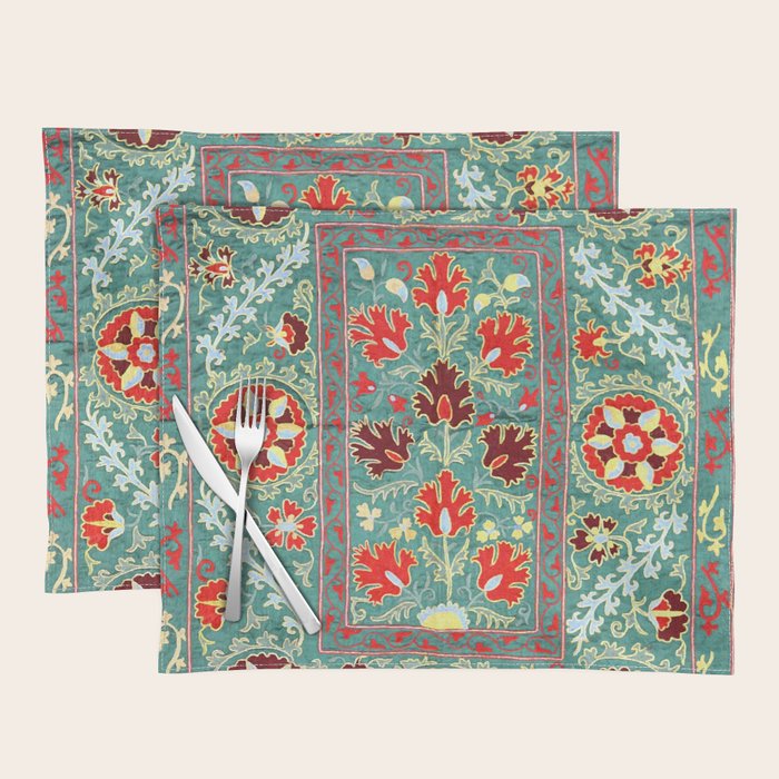 Turquoise Suzani Antique Floral Uzbek Embroidery Print Placemat Gallery Image 1