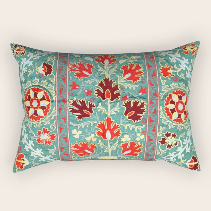 Turquoise Suzani Antique Floral Uzbek Embroidery Print Rectangular Pillow Gallery Image 1