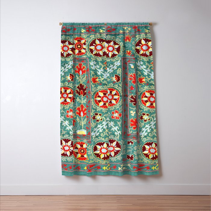Turquoise Suzani Antique Floral Uzbek Embroidery Print Window Curtain Gallery Image 3