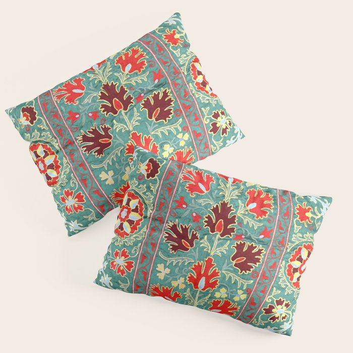 Turquoise Suzani Antique Floral Uzbek Embroidery Print Pillow Sham Gallery Image 3