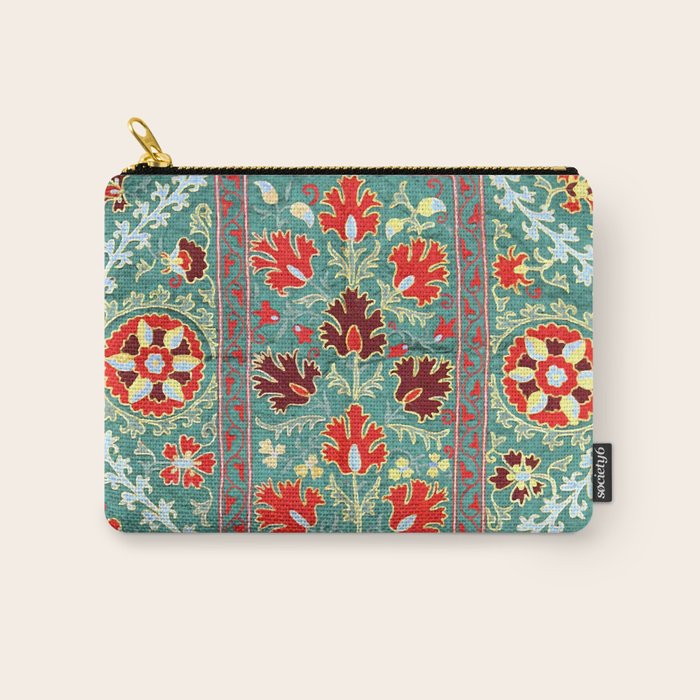 Turquoise Suzani Antique Floral Uzbek Embroidery Print Carry All Pouch Gallery Image 1