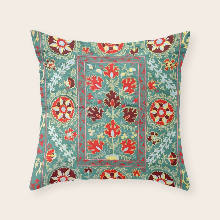 Turquoise Suzani Antique Floral Uzbek Embroidery Print Throw Pillow Gallery Image 1