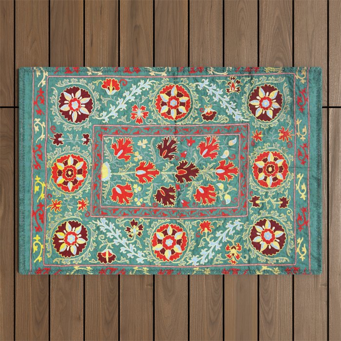 Turquoise Suzani Antique Floral Uzbek Embroidery Print Outdoor Rug Gallery Image 1