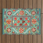 Turquoise Suzani Antique Floral Uzbek Embroidery Print Outdoor Rug Gallery Image 1