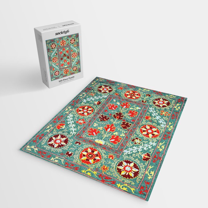 Turquoise Suzani Antique Floral Uzbek Embroidery Print Jigsaw Puzzle Gallery Image 2