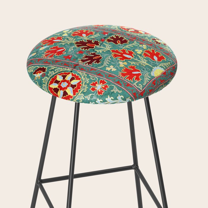 Turquoise Suzani Antique Floral Uzbek Embroidery Print Stool Gallery Image 2