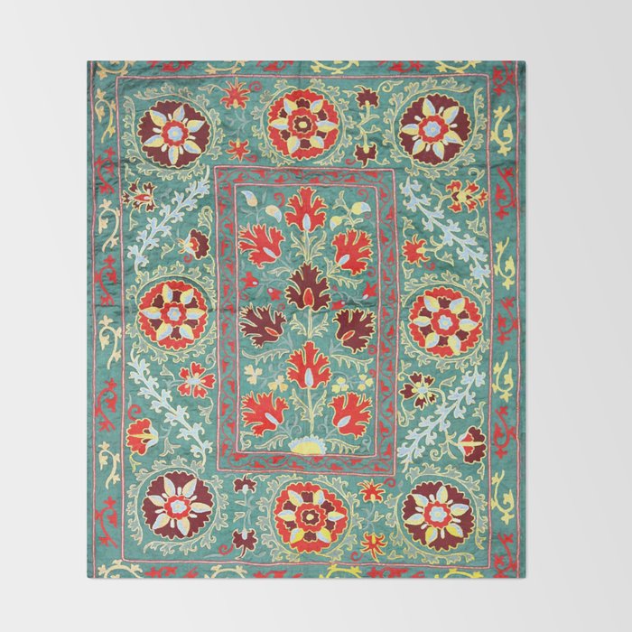 Turquoise Suzani Antique Floral Uzbek Embroidery Print Throw Blanket Gallery Image 2