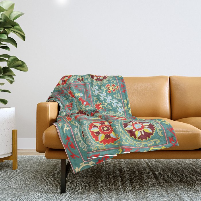 Turquoise Suzani Antique Floral Uzbek Embroidery Print Throw Blanket Gallery Image 1