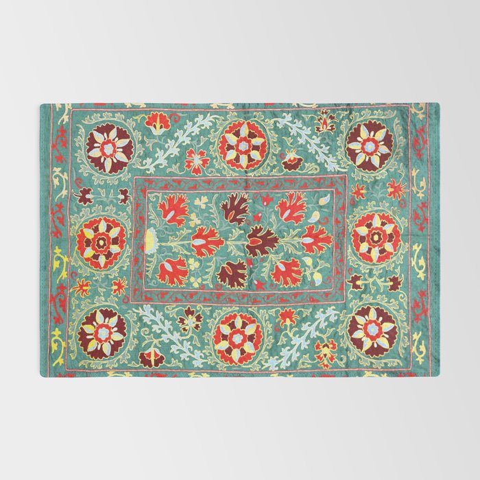 Turquoise Suzani Antique Floral Uzbek Embroidery Print Rug Gallery Image 2