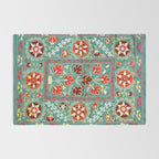 Turquoise Suzani Antique Floral Uzbek Embroidery Print Rug Gallery Image 2